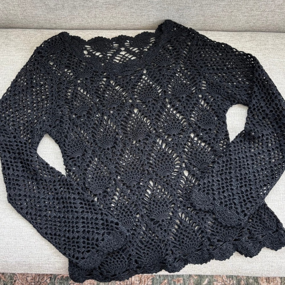 Crochet Open Knit Sweater M Black Beaded Shimmer Whimsigoth Glam Y2K Fall Indie